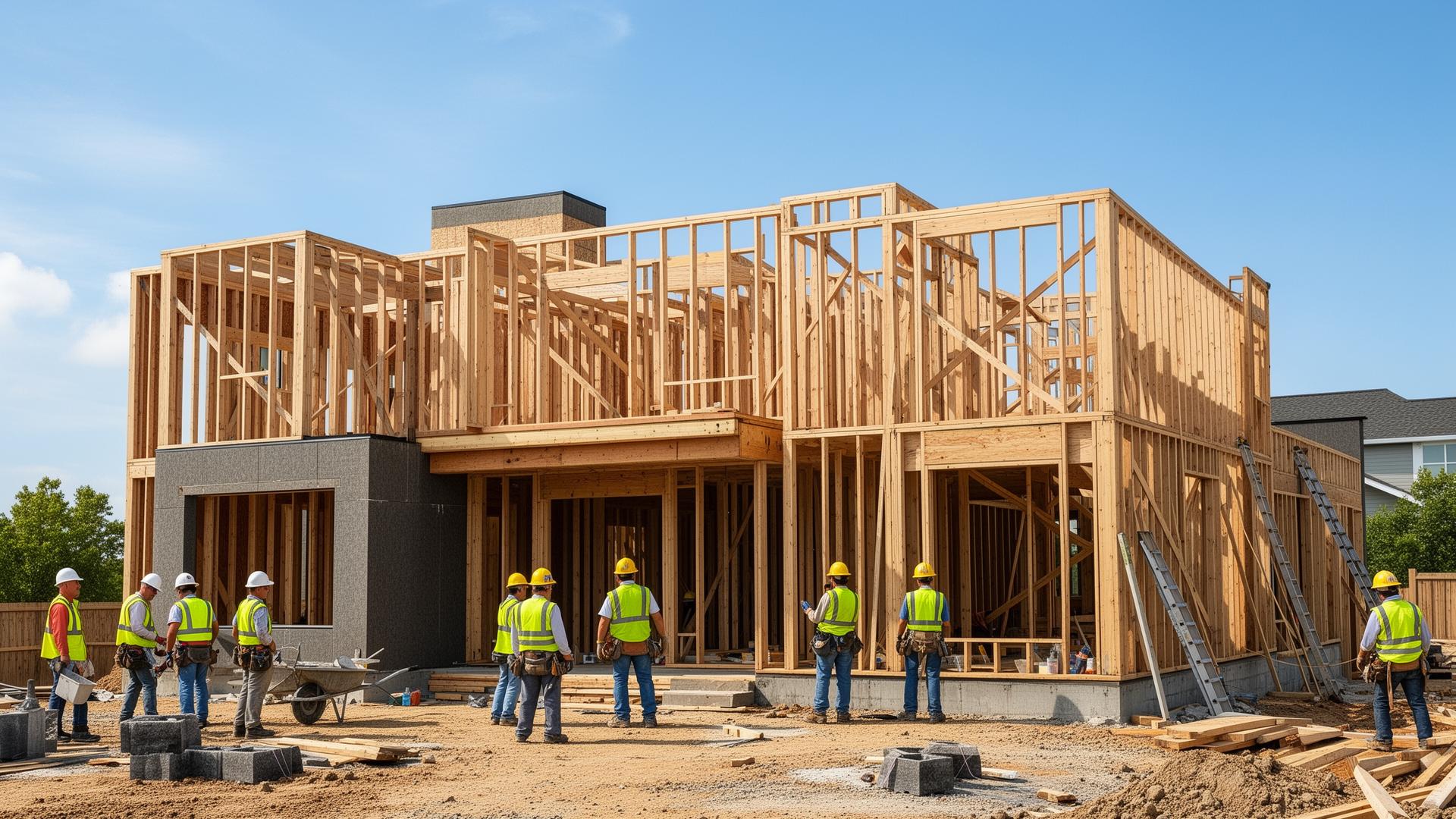 Obra en construcción con equipo profesional